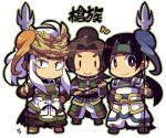  3boys blush_stickers bright_pupils brown_eyes brown_footwear brown_hair chibi chibi_only closed_mouth full_body green_headband green_outline headband holding holding_polearm holding_weapon jiang_wei kotorai ma_chao male_focus multiple_boys no_nose outline polearm sengoku_musou sidelocks smile standing weapon white_hair white_pupils zhao_yun 