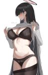  1girl absurdres black_bra black_hair black_panties black_pantyhose blue_archive blunt_bangs blush bra breasts closed_mouth clothes_lift clothes_pull dubeaduver hair_ornament hairclip halo highres large_breasts lifted_by_self long_hair long_sleeves looking_at_viewer navel panties pantyhose pantyhose_pull red_eyes rio_(blue_archive) simple_background skirt solo standing stomach sweat sweater sweater_lift turtleneck turtleneck_sweater underwear very_long_hair white_background white_sweater 