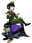  1girl a-ka black_hair boots cape fingernails gorillaz heterochromia lipstick long_fingernails makeup murdoc_niccals necktie noodle_(gorillaz) riding_crop sharp_teeth simple_background sitting sitting_on_person skull teeth uniform 