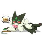 ambiguous_gender animated black_body black_fur blush claws finger_claws food fur generation_9_pokemon green_body green_fur kemono leg_wiggle meowscarada nintendo pawpads plate pokemon pokemon_(species) red_eyes sandwich_(food) simple_background thought_bubble tontaro white_background