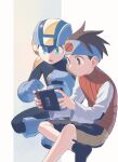  2boys black_shorts black_socks blue_bodysuit blue_headband blue_helmet bodysuit brothers brown_eyes brown_hair crossed_legs green_eyes headband highres klenschheim lan_hikari_(mega_man) long_sleeves mega_man_(series) mega_man_battle_network_(series) megaman.exe multiple_boys nintendo_switch orange_vest shirt short_hair shorts siblings simple_background sitting smile socks teeth twins vest white_background white_shirt 