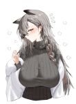  1girl animal_ears arknights black_sweater blush braid breasts commentary_request earrings extra_ears grey_hair hair_ornament hand_up heavy_breathing highres horn/wood jacket jewelry large_breasts long_hair long_sleeves looking_at_viewer mole_above_eye off_shoulder official_alternate_costume penance_(arknights) penance_(occasionally_flushed)_(arknights) ribbed_sweater sideways_glance single_braid solo sweater turtleneck turtleneck_sweater upper_body white_jacket wolf_ears wolf_girl yellow_eyes 