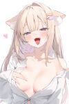  1girl :d animal_ear_fluff animal_ears arm_at_side armpit_crease bare_shoulders blonde_hair blue_eyes blush breasts breasts_apart cat_ears cat_girl collarbone colored_inner_hair dot_nose hair_between_eyes hair_intakes hair_ornament hairclip half-closed_eyes hand_on_own_chest highres indie_virtual_youtuber large_breasts long_hair looking_at_viewer multicolored_hair off_shoulder open_mouth pink_hair sidelocks simple_background smile solo straight_hair teeth tsukimachi_nyamo upper_body upper_teeth_only virtual_youtuber white_background yuita_(yuita17) 