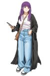  1girl baggy_pants black_coat blunt_bangs breasts cellphone closed_mouth coat denim fern_(sousou_no_frieren) highres jeans large_breasts long_hair long_sleeves pants phone purple_eyes purple_hair shiren_(ourboy83) shoes sidelocks simple_background smartphone sneakers solo sousou_no_frieren straight_hair white_background 