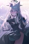  1girl animal_ear_fluff animal_ears black_dress black_gloves black_halo blue_archive breasts broken_halo cleavage commentary_request crying crying_with_eyes_open dress extra_ears gloves grey_eyes grey_hair hair_between_eyes halo large_breasts long_hair looking_at_viewer melt_(melt_out1) shiroko_(blue_archive) shiroko_terror_(blue_archive) side_slit smile solo tears thighs wiping_tears wolf_ears wolf_girl 