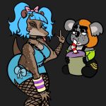 2024 anthro beverage blep blue_hair brown_body brown_fur chibi clothing colugo drinking duo female fishnet fishnet_legwear fur goddgod1 hair koala legwear mammal markings marsupial membrane_(anatomy) multicolored_hair one_eye_closed patagium pigtails sheila_(blarf022) spots spotted_body spotted_fur tongue tongue_out two_tone_hair venus_(blarf022) vombatiform wink