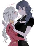  2girls b_(wldms6650) black_dress blue_hair byleth_(female)_(fire_emblem) byleth_(fire_emblem) cleavage_cutout closed_mouth clothing_cutout commentary dress edelgard_von_hresvelg english_commentary english_text eye_contact fire_emblem fire_emblem:_three_houses hand_in_another&#039;s_hair hand_on_another&#039;s_shoulder hand_on_another&#039;s_waist heart highres long_hair looking_at_another multiple_girls noses_touching parted_lips purple_eyes red_dress short_sleeves side_ponytail simple_background smile upper_body white_background white_hair yuri 