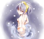  angry ass breasts brown_eyes foreshortening hairband hands_on_hips looking_back nipples nude onsen original purple_hair small_breasts snowing solo un water 