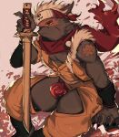  1boy arm_support bara bulge closed_mouth fang fingernails forehead_protector furry furry_male headband highres holding holding_sword holding_weapon japanese_clothes looking_ahead male_focus muscular muscular_male ninja p7ywirzyw8lesuc red_headband red_scarf scarf sharp_fingernails shoulder_tattoo sitting solo sword tadatomo_(housamo) tattoo tokyo_afterschool_summoners weapon 