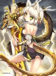  animal_ears bare_shoulders cat_ears dragon electricity grey_hair horn kishibe looking_at_viewer looking_back short_hair sword tail unmei_no_clan_battle weapon yellow_eyes 
