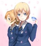  black_neckwear blonde_hair blue_eyes blue_sweater braid breasts cup darjeeling dress_shirt emblem girls_und_panzer komatsuya multiple_girls necktie orange_hair orange_pekoe petals school_uniform shirt small_breasts smile st._gloriana's_(emblem) st._gloriana's_school_uniform sweater takamatsuya teacup v-neck white_shirt 