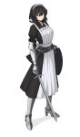  1girl absurdres armor black_dress black_hair blue_flower brown_hair dagger dress flower formicid hair_flower hair_ornament highres holding holding_shield holding_sword holding_weapon knife looking_at_viewer maid maid_headdress medieval original scabbard sheath shield smile solo sword weapon white_background white_headdress 