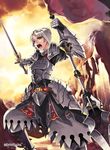  armor braid feet_out_of_frame flag gauntlets grey_hair kishibe open_mouth original polearm solo spear standing sword weapon yellow_eyes 