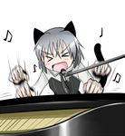  &gt;_&lt; animal_ears closed_eyes instrument lowres microphone microphone_stand music musical_note open_mouth piano playing_instrument sanya_v_litvyak short_hair silver_hair smile solo strike_witches tail tanaka_rikimaru world_witches_series 