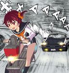  1girl :d antenna_hair bangs bare_legs basket battle black_legwear blush bow bowtie breasts car crossover debris drifting ground_vehicle hair_ornament hair_scrunchie happy headlight hover_bike initial_d isshiki_akane karupiso kneehighs leaning_forward lights long_sleeves motion_blur motor_vehicle national_shin_ooshima_school_uniform neckerchief newspaper onomatopoeia open_mouth orange_scrunchie outdoors outline parody partially_colored racing red_eyes red_hair right-hand_drive road school_uniform scrunchie serafuku short_hair short_shorts short_twintails shorts sleeve_cuffs small_breasts smile smoke style_parody toyota toyota_sprinter_trueno twintails vividred_operation 