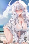  1girl absurdres ahoge all_fours antenna_hair beach blue_sky blush breasts cleavage closed_mouth cloud collarbone commentary_request day dolechan dress_shirt hair_between_eyes heavy_breathing highres large_breasts long_hair looking_at_viewer naked_shirt ocean original outdoors purple_eyes shirt sidelocks sky smile solo sweat variant_set white_hair white_shirt 