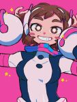  1girl blush_stickers boku_no_hero_academia breasts brown_eyes brown_hair happy highres neko_manma pink_background short_hair simple_background smile solo star_(symbol) superhero_costume teeth uraraka_ochako 