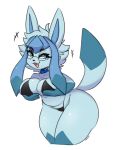 2024 absurd_res anthro bikini black_bikini black_clothing black_swimwear blue_body blue_eyes blue_fur breast_squish breasts choker clothing eeveelution eyebrows eyelashes eyewear female fur generation_4_pokemon glaceon glasses gloves_(marking) hand_on_breast hi_res i_am_kat95 jewelry looking_at_viewer markings necklace nintendo open_mouth open_smile pokemon pokemon_(species) smile solo squish swimwear