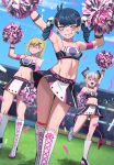  3girls :d armband bandaid bandaid_on_knee bandaid_on_leg black_hair blonde_hair blue_sky boots breasts character_name cheerleader confetti day dutch_angle earrings english_commentary fangs frown full_body grass grey_hair hair_ornament hairclip hakami_(jourd4n) highres horns jewelry ji-yoon_(jourd4n) jourd4n knee_boots long_hair looking_at_viewer medium_breasts midriff miniskirt multiple_girls navel original outdoors pointy_ears pom_pom_(cheerleading) rayzel_(jourd4n) red_eyes shaded_face sidelocks skirt sky small_breasts smile sports_bra stadium standing twintails walking 