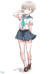  1girl alternate_costume blue_eyes blue_sailor_collar blue_skirt commentary_request fuji_(pixiv24804665) full_body grey_hair highres kantai_collection loafers looking_at_viewer miniskirt pleated_skirt sailor_collar school_uniform serafuku shirt shoes short_hair simple_background skirt smile solo standing summer_uniform white_background white_shirt z1_leberecht_maass_(kancolle) 