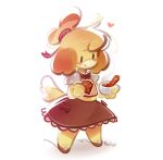 animal_crossing anthro beverage bottomwear bow_(disambiguation) candy chocolate clothing container cup dessert eating female food fur happy heart_symbol hot_chocolate isabelle_(animal_crossing) nintendo panken ribbons skirt smile solo standing yellow_body yellow_fur
