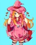  1girl belt blue_background blush cape chocolat_meilleure coll_(erichankun) commentary_request cowboy_shot dress gloves green_eyes hand_on_headwear heart heart_pendant long_hair looking_to_the_side magical_girl one_eye_closed orange_hair pink_belt pink_dress pink_gloves pink_hat simple_background solo striped_clothes striped_thighhighs sugar_sugar_rune thighhighs 