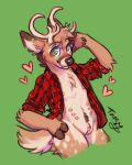 2023 andromorph anthro antlers belly_nipples big_clitoris blep blush body_hair bottomless brown_hooves brown_markings brown_nose chest_tuft clitoris clothed clothing colored_sketch deer digital_drawing_(artwork) digital_media_(artwork) fingers flannel_shirt fur gaius genitals green_background green_eyes half-length_portrait happy_trail head_tuft hi_res hooved_fingers hooves horn intersex looking_at_viewer mammal markings nipples nonbinary_(lore) open_clothing open_shirt open_topwear partially_clothed pattern_clothing pattern_shirt pattern_topwear pink_blush pink_clitoris pink_nipples pink_tongue plaid plaid_clothing plaid_shirt plaid_topwear portrait pussy red_clothing red_shirt red_topwear shaded shirt signature simple_background sketch smile smiling_at_viewer snout solo tail tan_body tan_fur tansydrawsnsfw tongue tongue_out topwear tuft white_antlers white_body white_fur white_inner_ear