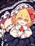  1girl absurdres ascot black_umbrella blonde_hair bow commentary_request crescent fang hair_bow highres holding holding_umbrella light_blush long_sleeves looking_at_viewer medium_hair open_mouth orange_eyes pixiv_username red_ascot red_bow ro.ro rumia skin_fang smile solo star_(symbol) touhou umbrella 