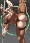 absurd_res anthro antlers biceps brown_body brown_fur bulge butt clothing deer facial_hair flexible fur goldlightyou hi_res horn jockstrap male mammal muscular muscular_anthro muscular_male pole solo strip_club stripper stripper_pole underwear