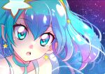  1girl absurdres aqua_eyes aqua_hair commentary cure_milky earrings hair_ornament hairband highres jewelry long_hair looking_at_viewer magical_girl mitsuki_tayura open_mouth pointy_ears precure sky solo sparkle star-shaped_pupils star_(sky) star_(symbol) star_earrings star_hair_ornament star_twinkle_precure starry_sky symbol-shaped_pupils wind yellow_hairband 