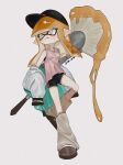  1girl :p absurdres baseball_cap black_hat commentary english_commentary full_body hat highres holding holding_weapon inkling inkling_girl inkling_player_character leg_warmers long_hair looking_to_the_side orange_hair painbrush_(splatoon) pointy_ears procreate_(medium) simple_background solo spl_yura splatoon_(series) splatoon_3 standing standing_on_one_leg tentacle_hair tongue tongue_out weapon white_background yellow_eyes 
