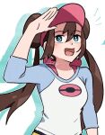  1girl :d aqua_eyes arm_up blush bright_pupils brown_hair commentary_request double_bun hair_between_eyes hair_bun happy long_hair mocacoffee_1001 open_mouth pokemon pokemon_bw2 raglan_sleeves rosa_(pokemon) shirt signature sleeves_past_elbows smile solo tongue twintails upper_body visor_cap white_pupils 