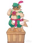 anthro bulge chaps clothing feathers flaming_flagon generation_3_pokemon hat headgear headwear kulplant male murry_(kulplant) navel neck_ribbon nintendo nipples pokemon pokemon_(species) pouch_(clothing) short_male slightly_chubby solo wooden_box zigzagoon