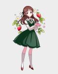  1girl blush brown_hair dress food fruit full_body green_dress half_updo ich. idolmaster idolmaster_cinderella_girls kneehighs long_sleeves looking_at_viewer neck_ribbon pasta red_footwear ribbon smile socks solo strawberry tachibana_arisu white_socks 