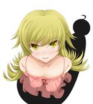  arms_behind_back bad_id bad_pixiv_id bakemonogatari blonde_hair blush from_above long_hair looking_at_viewer monogatari_(series) nisemonogatari nishitaka oshino_shinobu see-through simple_background smile solo yellow_eyes 