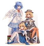  3girls :o absurdres aged_down alice_margatroid angel_wings black_capelet black_corset black_footwear black_gloves black_hat black_skirt blonde_hair blue_bow blue_bowtie blue_eyes blue_footwear blue_hair blue_hairband blue_pantyhose blue_skirt book bookshelf boots bow bowtie breasts brown_pantyhose capelet closed_mouth corset dress elbow_gloves feathered_wings fedora flat_chest frilled_capelet frilled_corset frilled_dress frilled_skirt frills full_body gloves grimoire_of_alice hair_bow hairband hand_on_another&#039;s_head happy hat hat_bow highres mai_(senran_kagura) mary_janes mechrailgun medium_hair multiple_girls neck_ribbon neckerchief pantyhose parted_lips puffy_short_sleeves puffy_sleeves red_neckerchief ribbon shirt shoes short_sleeves simple_background sitting skirt small_breasts smile suspender_skirt suspenders thighhighs touhou touhou_(pc-98) white_background white_bow white_dress white_gloves white_shirt white_thighhighs white_wings wings yellow_eyes yellow_ribbon 