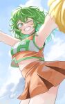  1girl absurdres armpits blue_sky boku_no_hero_academia cheerleader cloud colored_eyelashes commentary_request cowboy_shot crop_top day fengling_(furin-jp) green_eyes green_hair grin hagakure_tooru highres looking_at_viewer midriff miniskirt one_eye_closed orange_skirt outstretched_arms pom_pom_(cheerleading) skirt sky sleeveless smile solo standing thighs 