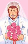  1boy bara beard blush bouquet bridal_veil claude_(housamo) closed_eyes collared_shirt commentary_request daisy facial_hair flower full_beard holding holding_bouquet male_focus muscular muscular_male necktie open_mouth pink_background pink_flower pink_rose pocket_square red_hair red_ribbon ribbon rose shirt short_hair simple_background smile solo suit thick_eyebrows tokyo_afterschool_summoners unplugged_line upper_body veil white_necktie white_shirt white_suit 