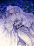  1boy black_gloves blue_flower flower gloves highres japanese_clothes jewelry lying male_focus necklace on_back one_eye_closed pale_skin partially_fingerless_gloves shichimi_(ftlvampire32) smile solo touken_ranbu tsurumaru_kuninaga white_hair yellow_eyes 