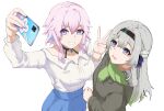  2girls absurdres black_choker blue_eyes blue_skirt breasts cellphone choker commentary firefly_(honkai:_star_rail) gradient_eyes green_scarf grey_hair grey_jacket grin highres holding holding_phone honkai:_star_rail honkai_(series) jacket kagurachi large_breasts long_sleeves looking_at_viewer march_7th_(honkai:_star_rail) multicolored_eyes multiple_girls open_mouth phone pink_hair purple_eyes scarf shirt short_hair simple_background skirt smartphone smile upper_body white_background white_shirt 
