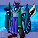 anthro avi_(avi_the_tiger) avi_the_tiger bottomwear clothed clothing collar dragon footwear forestpunktiger fully_clothed male mythological_creature mythological_scalie mythology pants scalie shirt shoes solo stripes topwear
