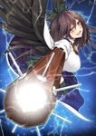  arm_cannon black_hair black_wings bow breasts cape glowing glowing_weapon hair_bow large_breasts looking_at_viewer nakajou open_mouth reiuji_utsuho shirt skirt smile solo third_eye touhou weapon wings yellow_eyes 