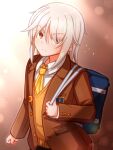  1boy bag blush brown_eyes brown_jacket clenched_hand collared_shirt genderswap genderswap_(ftm) grey_hair hair_between_eyes highres jacket kantai_collection kikuzuki_(kancolle) long_hair long_sleeves looking_at_viewer male_focus necktie open_clothes open_jacket orange_sweater_vest school_bag shirt simple_background solo suzushiro_(gripen39) sweater_vest white_hair white_shirt yellow_necktie 