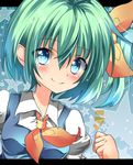  ascot blue_background blue_eyes breasts daiyousei dress dress_shirt green_hair hair_ribbon invoke@daichan! medium_breasts ribbon shirt short_hair side_ponytail smile solo star touhou upper_body 