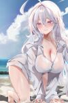 1girl absurdres ahoge all_fours antenna_hair beach blue_sky blush breasts cleavage closed_mouth cloud collarbone commentary_request day dolechan dress_shirt hair_between_eyes highres large_breasts long_hair looking_at_viewer naked_shirt ocean original outdoors purple_eyes shirt sidelocks sky smile solo sweat variant_set white_hair white_shirt 