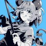  1girl :q animal_ears basket blue_background blush capelet highres holding jewelry kamabokopic monochrome mouse mouse_ears mouse_tail nazrin necklace one_eye_closed pendant short_hair simple_background solo tail tongue tongue_out touhou 