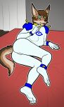 anthro bed brown_body brown_fur brown_hair canid canine canis clothing ear_piercing ear_ring eyeliner feet female fur furniture g_gundam green_eyes gundam hair hi_res jackal makeup mammal open_mouth piercing pitfallpup ring_piercing skinsuit solo teasing tight_clothing