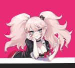  1girl bear_hair_ornament black_choker black_shirt blonde_hair blush breasts choker cleavage closed_mouth collarbone danganronpa:_trigger_happy_havoc danganronpa_(series) enoshima_junko green_eyes hair_ornament hand_up hands_up heart highres hy_(fjvlg) large_breasts leaning_forward miniskirt nail_polish pink_background pleated_skirt red_nails red_skirt shirt simple_background skirt smile solo twintails 