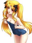  :d absurdres bare_shoulders blonde_hair blush bow breasts cleavage covered_navel covered_nipples fate_testarossa hair_bow highres long_hair lyrical_nanoha mahou_shoujo_lyrical_nanoha medium_breasts one-piece_swimsuit open_mouth red_eyes school_swimsuit simple_background smile solo strap_slip swimsuit taro twintails undressing wet white_background 