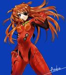  armpits ass_visible_through_thighs bangs blue_background blue_eyes bodysuit bracer breasts character_name closed_mouth cowboy_shot evangelion:_3.0_you_can_(not)_redo eyepatch floating_hair frown gloves hand_in_hair hand_on_own_thigh hand_up headgear legs_apart long_hair looking_at_viewer medium_breasts neon_genesis_evangelion number orange_hair pilot_suit plugsuit rebuild_of_evangelion red_bodysuit rinhachi serious shikinami_asuka_langley simple_background solo souryuu_asuka_langley standing tape turtleneck two_side_up 